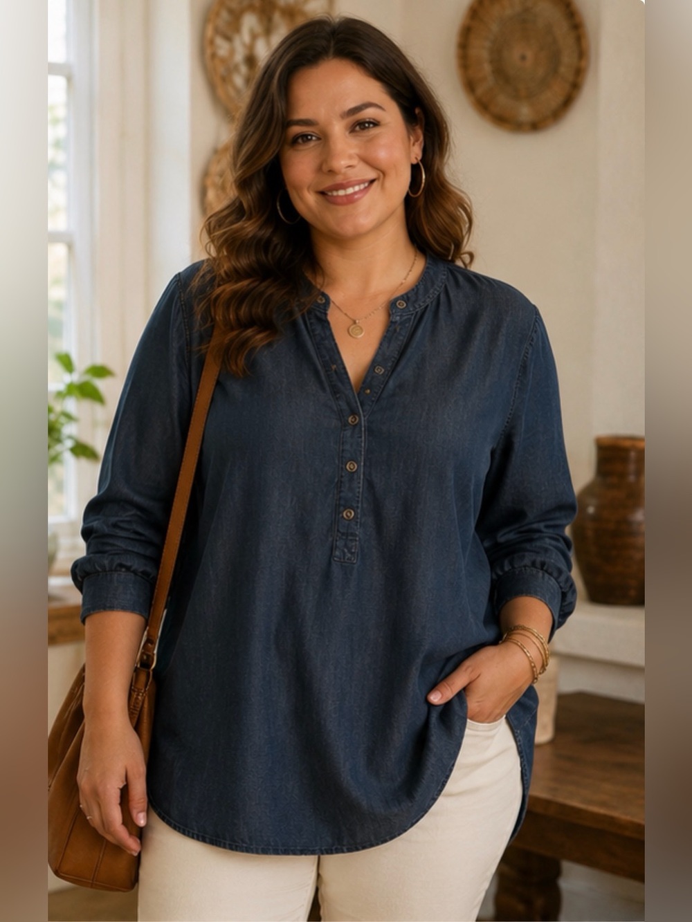 Cloth & Stone 100% Tencel‎ Chambray Popover Blouse Size Small Soft Lyocell Top